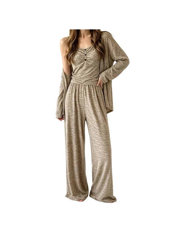 Women's 3 Piece Loungewear Pajama Set ,Long Sleeve Cardigan ,V Neck Cami Tank Top ,Elastic High Waist Wide Leg Pants Khaki,M