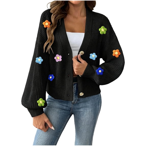 Binmer Women’s 3D Floral V-Neck Knit Cardigan Long Sleeve Button Front Ladies Casual Textured Floral Embellished Layering Sweater,Sizes S-XL