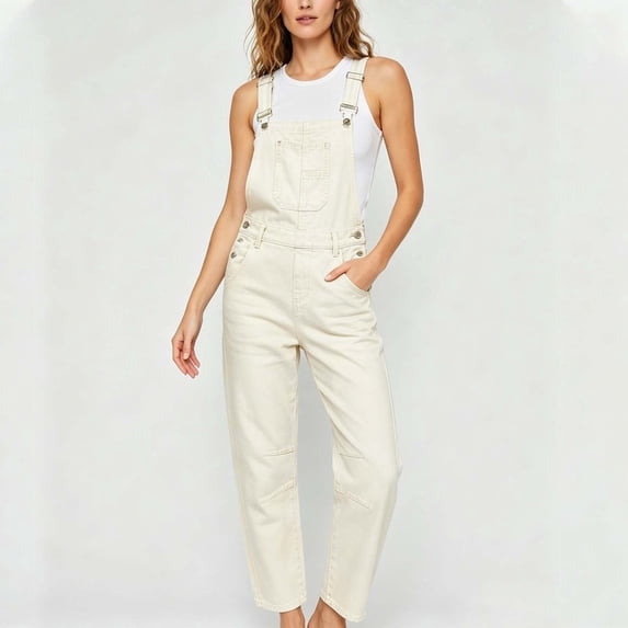 Binmer Women's Adjustable Strap Cropped Denim Overalls,Casual Loose Tapered Ankle Bib Jumpsuit with Pockets Beige,Women's Plus XL