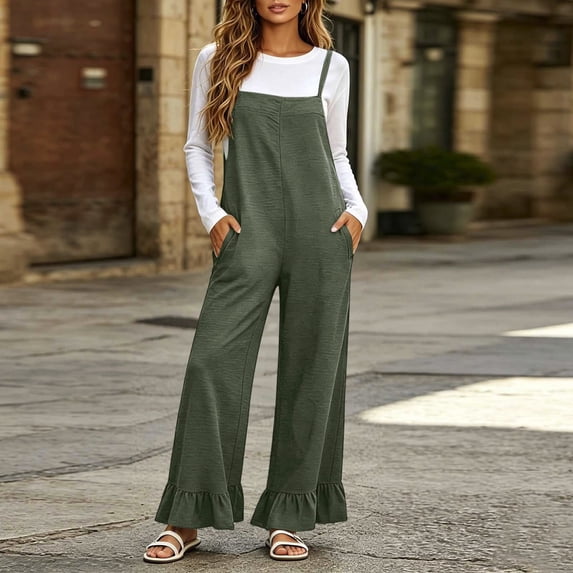 Binmer Women's Adjustable Strap Wide Leg Overalls Jumpsuit,Casual Loose Bib Overall Romper with Pockets Army Green,Women's Plus L