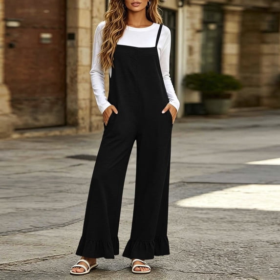 Binmer Women's Adjustable Strap Wide Leg Overalls Jumpsuit,Casual Loose Bib Overall Romper with Pockets Black,Women's Plus M