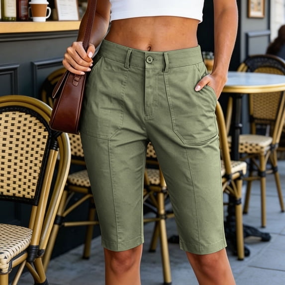 Binmer Women's Button Zipper High Waist Straight Leg Capri Cropped Shorts with Pockets, Casual Summer Work Shorts Green,Women's Plus L