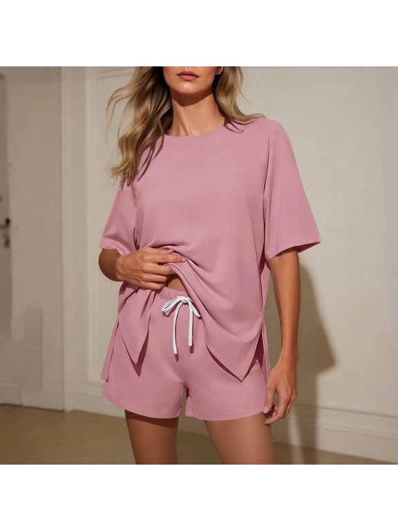 Women's Casual Two Piece Outfit ,Short Sleeve Crewneck Top and Elastic Waist Shorts Set with Pockets Pink,Women's Plus L