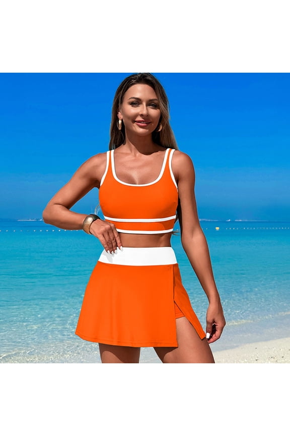 Women's Contrast Trim Tennis Outfit, 2-Piece Athletic Set with Square Neck Crop Top & Pleated Skort, Sportswear for Tennis Orange,Women's Plus XL