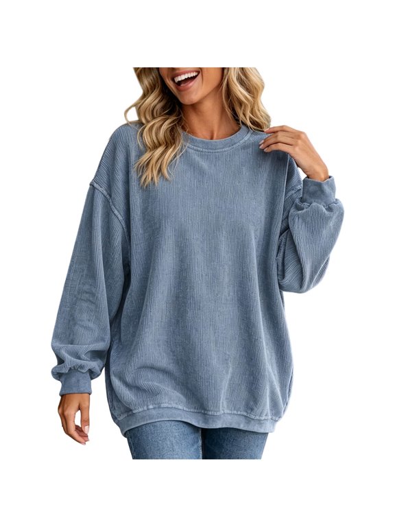 Women’s Corded Crew Neck Sweatshirt Oversized Long Sleeve Loose Pullover Top,Sizes S-2XL