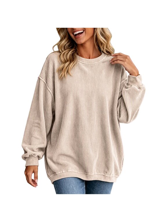 Women’s Corded Crew Neck Sweatshirt Oversized Long Sleeve Loose Pullover Top,Sizes S-2XL