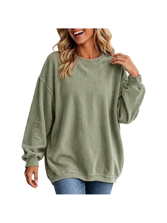Women’s Corded Crew Neck Sweatshirt Oversized Long Sleeve Loose Pullover Top,Sizes S-2XL