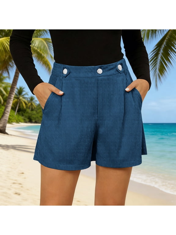 Women's Corduroy Shorts with Pockets ,Casual Loose Fit Solid Color Summer Short Navy,Women's Plus XL