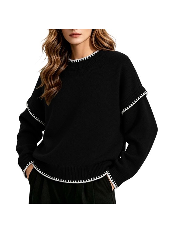 Women’s Crew Neck Contrast Stitch Knit Sweater Long Sleeve Oversized Comfortable Pullover Top,Sizes S-L