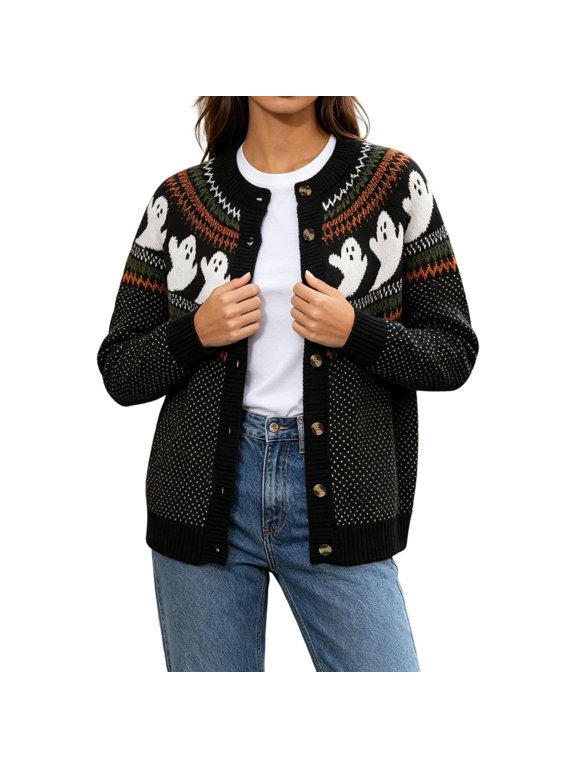 Women’s Crew Neck Halloween Ghost Pattern Cardigan Button Front Long Sleeve Novelty Knit Holiday Cardigan,Sizes S-2XL