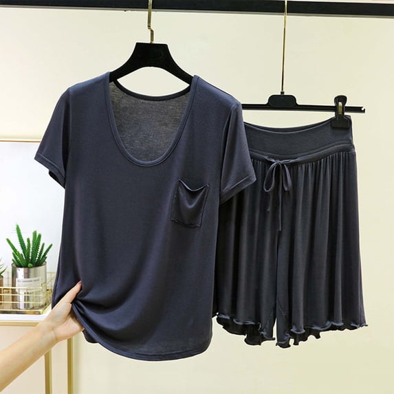 Binmer Women's Crew Neck Short Sleeve Pajama Set,Basic 2 Piece Loungewear with Shorts Gray,Women's Plus XXXL