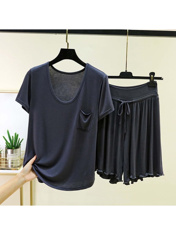 Women's Crew Neck Short Sleeve Pajama Set,Basic 2 Piece Loungewear with Shorts Gray,Women's Plus XXXL