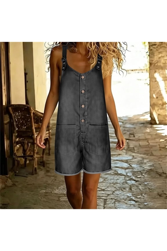 Women's Denim Sleeveless Button Romper with Adjustable Straps and Pockets ,Casual Jumpsuit Shorts Black,Women's Plus L