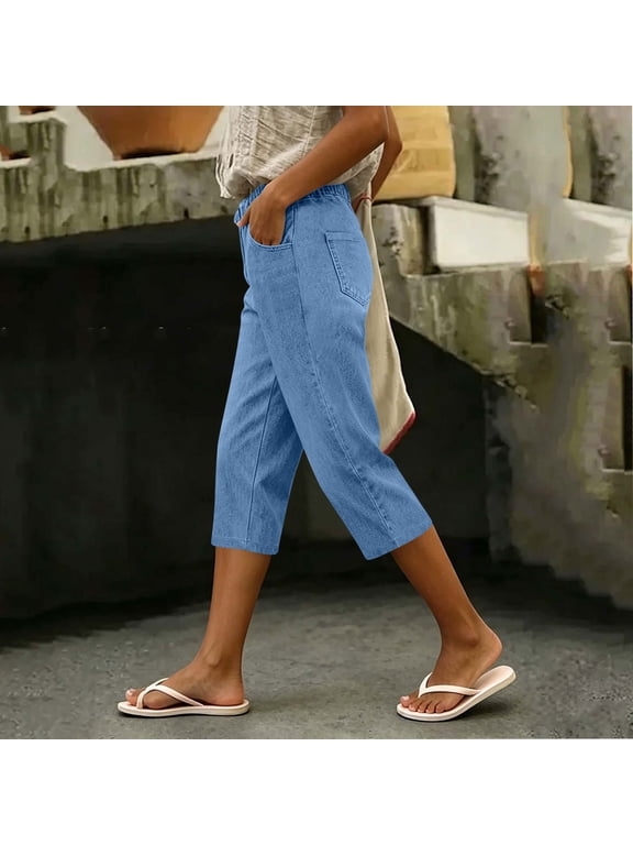 Women’s Drawstring Elastic High Waist Denim Capri Cropped Pants,Casual Straight Leg Jeans with Pockets Blue,Women's Plus M
