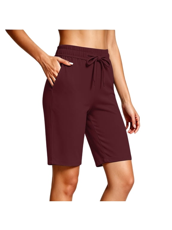Women's Drawstring Elastic High Waist Knee Length Bermuda Shorts with Pockets,Summer Casual Walking Shorts Wine,Women's Plus L