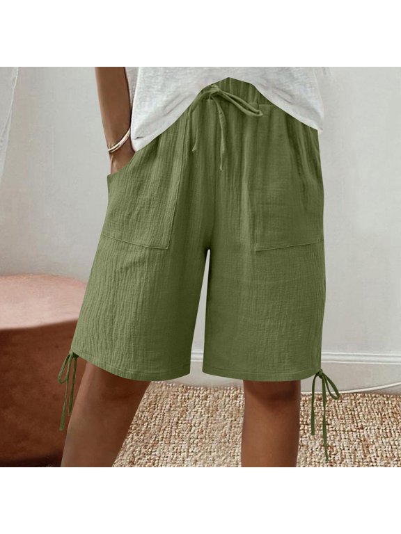 Women's Drawstring Elastic High Waist Side Tie Hem Shorts with Pockets,Loose Fit Casual Bermuda Shorts Army Green,Women's Plus XL