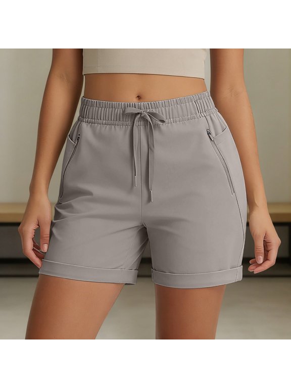 Women's Drawstring Elastic High Waist Stretch Yoga Shorts,Casual Outdoor Athletic Workout Shorts Gray,Women's Plus XXL
