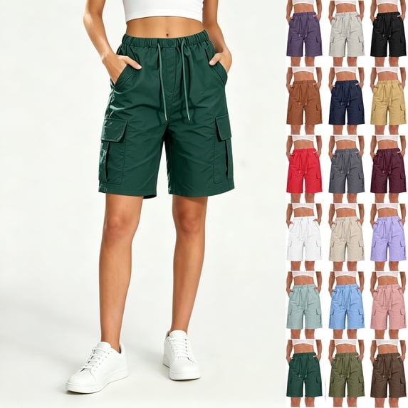 Binmer Women’s Drawstring Elastic Waist Cargo Bermuda Shorts, Womens and Women's Green,Size S-2XL