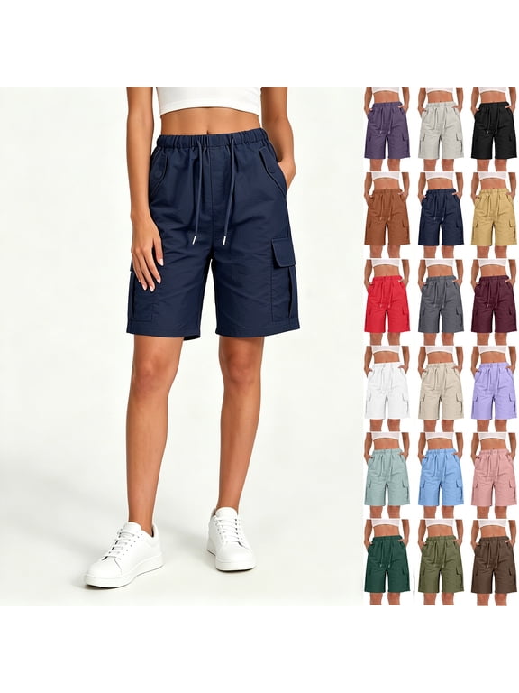 Women’s Drawstring Elastic Waist Cargo Bermuda Shorts, Womens and Women's Navy,Size S-2XL