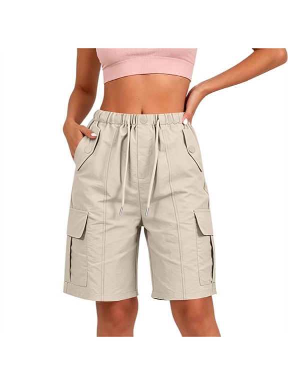 Women's Drawstring Elastic Waist Cargo Shorts with Button and Pockets ,Casual Solid Color Summer Short Beige,Women's Plus XXL
