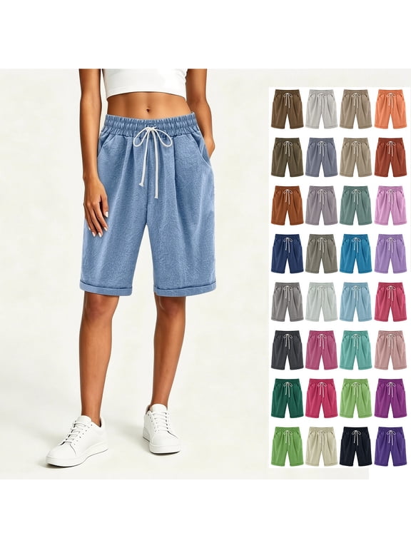 Women’s Drawstring Elastic Waist Casual Bermuda Shorts, Womens and Women's Blue,Size S-3XL