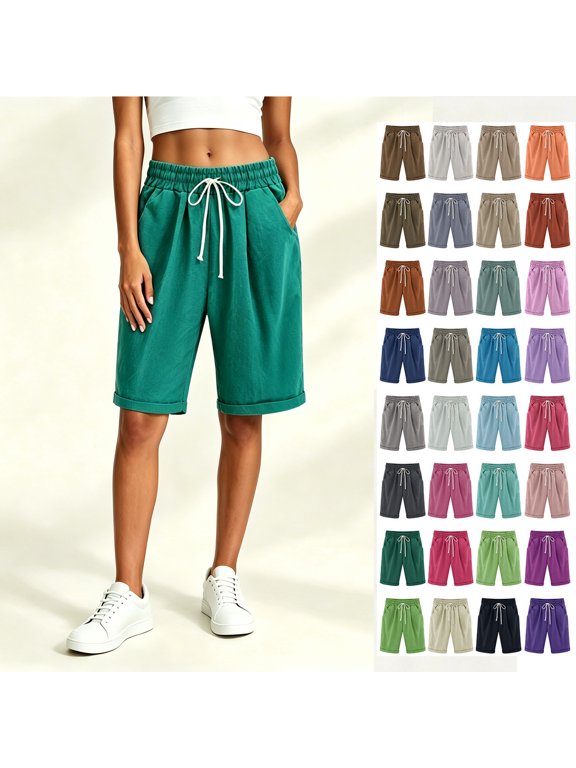 Women’s Drawstring Elastic Waist Casual Bermuda Shorts, Womens and Women's Green,Size S-3XL