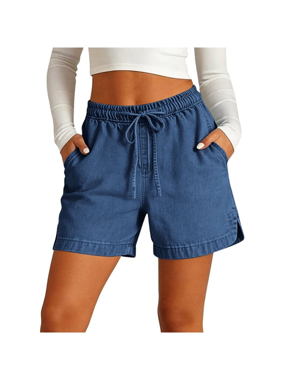 Women's Drawstring Elastic Waist Denim Shorts,Lightweight Summer Beach Shorts with Pockets and Side Slit Blue,Women's Plus L