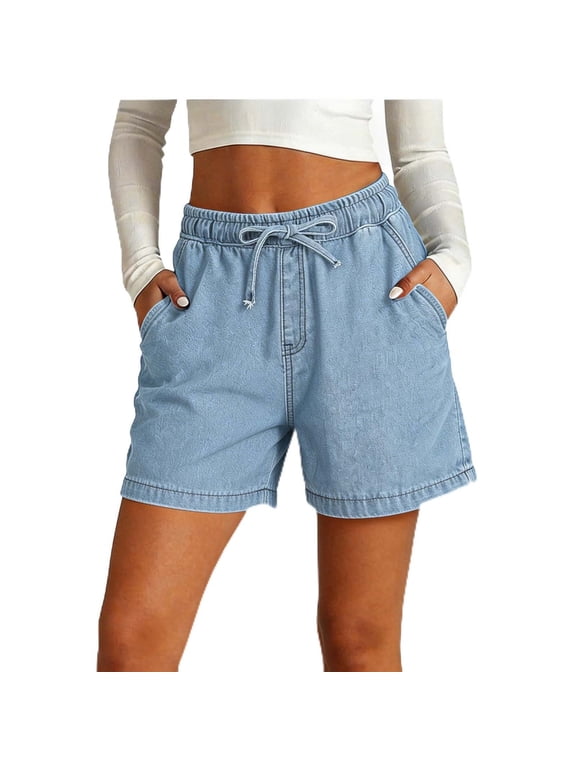 Women's Drawstring Elastic Waist Denim Shorts with Pockets ,Casual Loose Fit Jean Shorts Light Blue,Women's Plus XXL