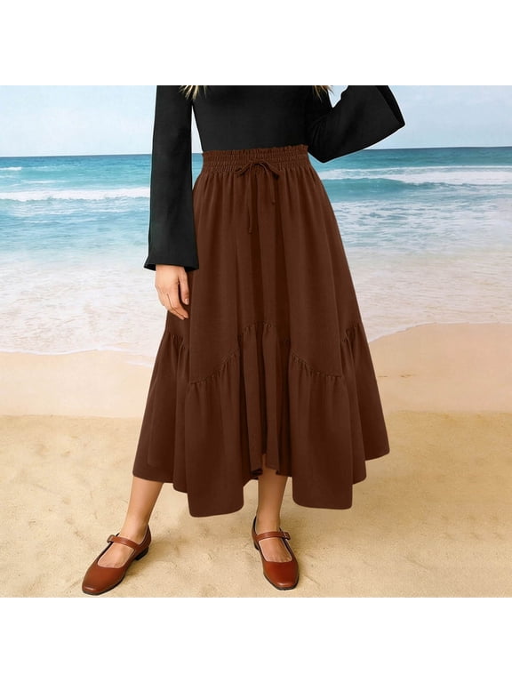 Women's Drawstring Elastic Waist Maxi Skirt with Asymmetric Hem ,Solid Color Casual Summer Long Skirt Brown,Women's Plus XXL