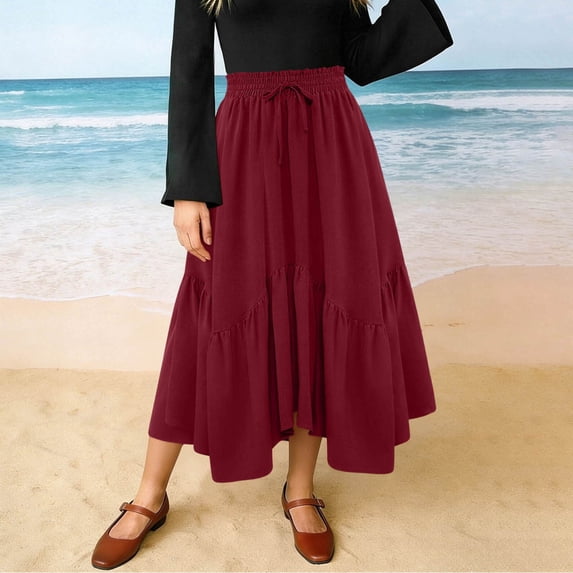 Binmer Women's Drawstring Elastic Waist Maxi Skirt with Asymmetric Hem ,Solid Color Casual Summer Long Skirt Wine,Women's Plus S