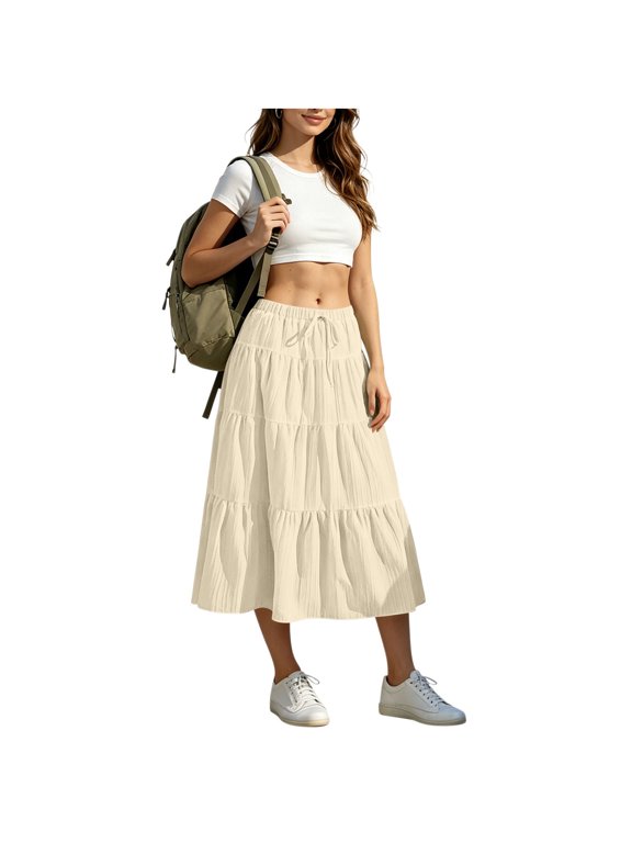 Women's Drawstring Elastic Waist Pleated Midi Skirt with Pockets ,Solid Color Casual Summer Skirt Beige,Women's Plus L