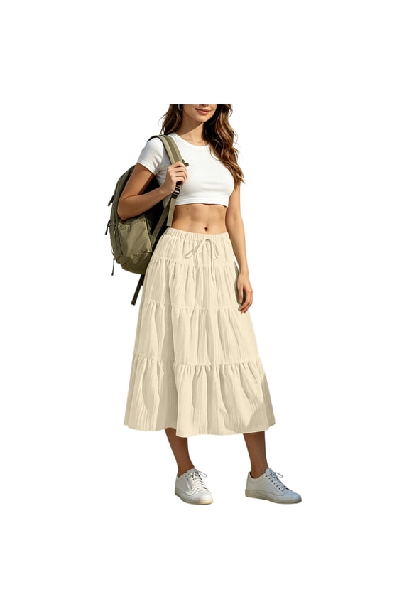 Women's Drawstring Elastic Waist Pleated Midi Skirt with Pockets ,Solid Color Casual Summer Skirt Beige,Women's Plus S