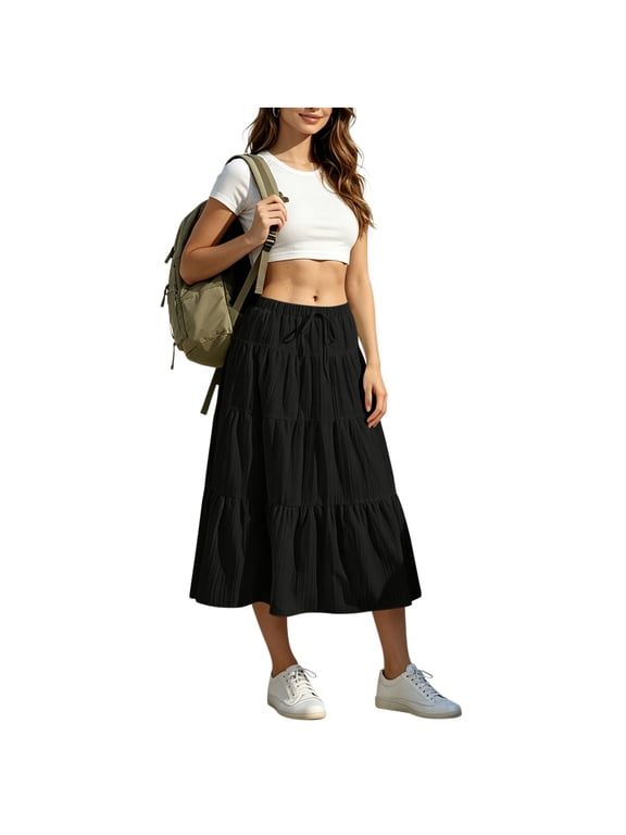 Women's Drawstring Elastic Waist Pleated Midi Skirt with Pockets ,Solid Color Casual Summer Skirt Black,Women's Plus S