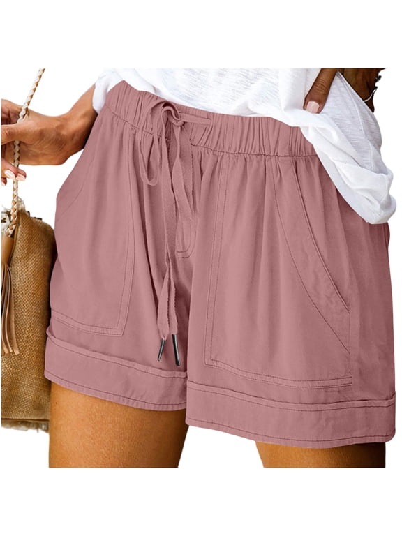 Women's Drawstring Elastic Waist Shorts with Pockets ,Solid Color Casual Summer Shorts Pink,Women's Plus M