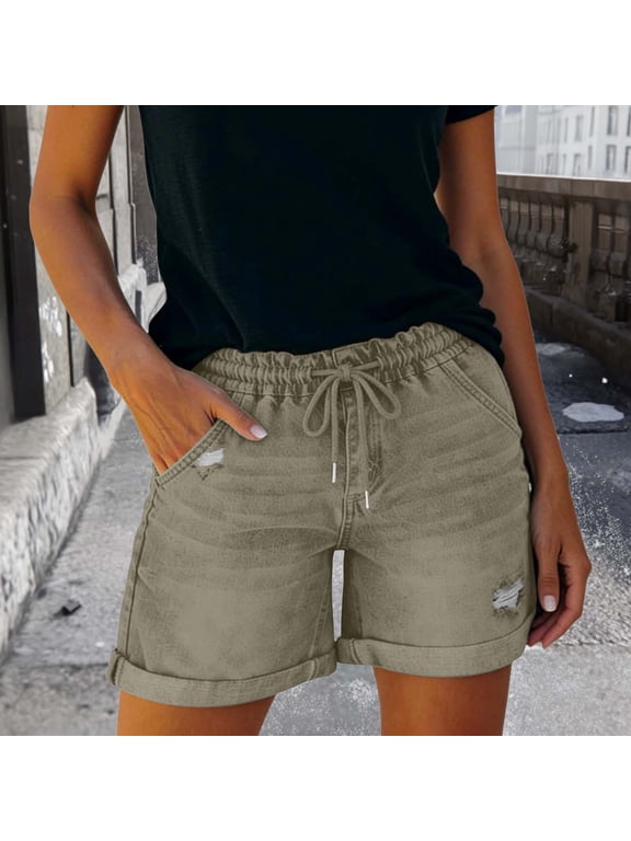 Women's Drawstring Waist Shorts, Casual Elastic Waist Summer Beach Pants with Pockets Khaki,Women's Plus L
