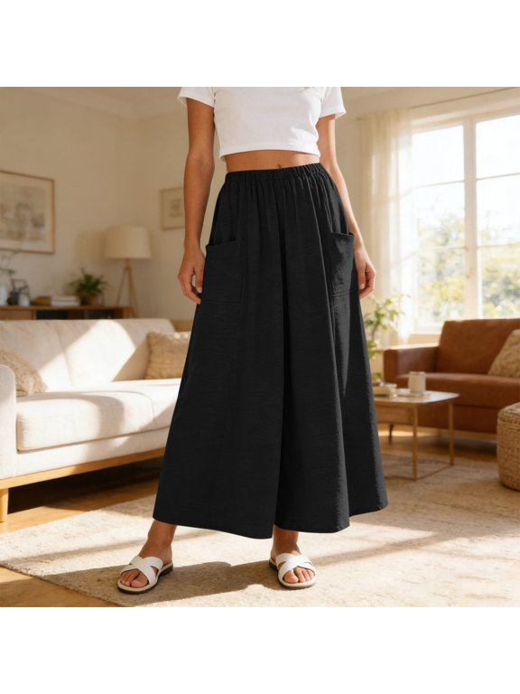 Women's Elastic High Waist A Line Flowy Midi Skirt,Casual Solid Summer Swing Skirt Black,Women's Plus L