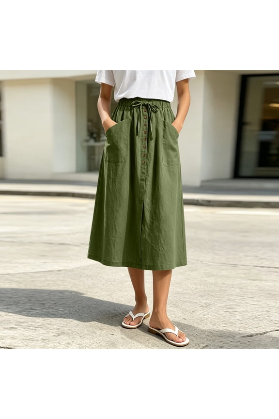 Women's Elastic High Waist A Line Midi Skirt with Pockets, Casual Summer Flared Skirt Army Green,Women's Plus XXL