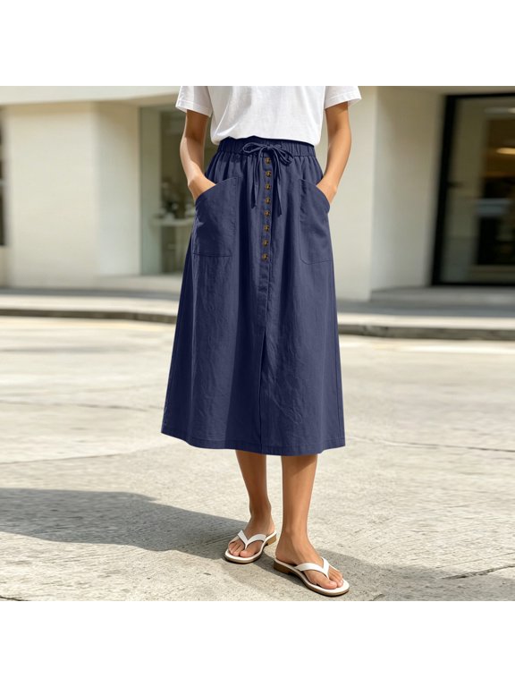 Women's Elastic High Waist A Line Midi Skirt with Pockets, Casual Summer Flared Skirt Navy,Women's Plus XXL