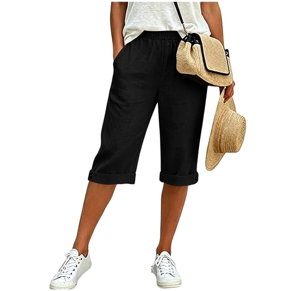 Binmer Women’s Elastic High Waist Capri Shorts with Pockets,Casual Loose Fit Summer Cropped Pant Black,Women's Plus L