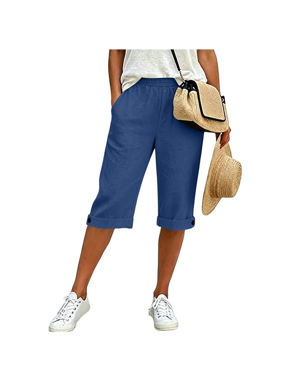 Women’s Elastic High Waist Capri Shorts with Pockets,Casual Loose Fit Summer Cropped Pant Blue,Women's Plus XXL
