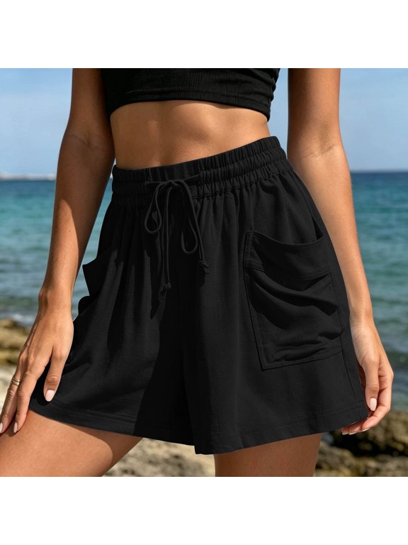 Women’s Elastic High Waist Drawstring Shorts with Pockets,Casual Loose Fit Summer Shorts Black,Women's Plus XXL