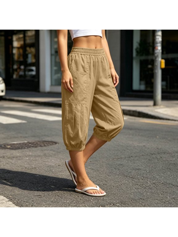 Women's Elastic High Waist Harem Capri Pants,Summer Casual Cropped Jogger Pants with Pockets Beige,Women's Plus M