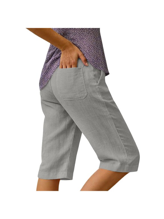 Women's Elastic High Waist Linen Cotton Bermuda Shorts with Pockets,Casual Loose Fit Shorts Gray,Women's Plus XXL