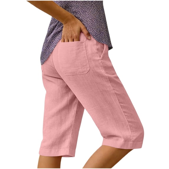 Binmer Women's Elastic High Waist Linen Cotton Bermuda Shorts with Pockets,Casual Loose Fit Shorts Pink,Women's Plus M