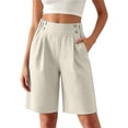 thumbnail image 1 of Binmer Women’s Elastic High Waist Pleated Bermuda Shorts with Pockets,Casual Loose Fit Summer Shorts Beige,Women's Plus XL, 1 of 7