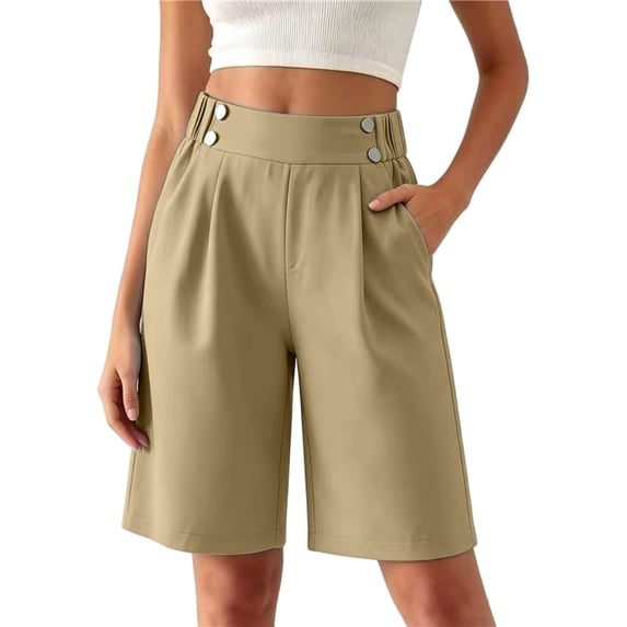 Binmer Women’s Elastic High Waist Pleated Bermuda Shorts with Pockets,Casual Loose Fit Summer Shorts Khaki,Women's Plus XL
