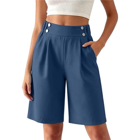 Binmer Women’s Elastic High Waist Pleated Bermuda Shorts with Pockets,Casual Loose Fit Summer Shorts Navy,Women's Plus XL