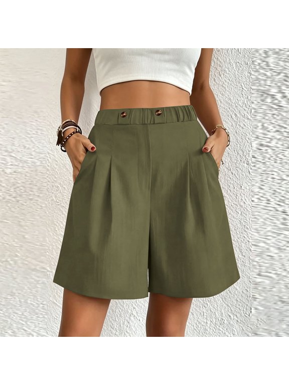 Women’s Elastic High Waist Pleated Bermuda Shorts with Pockets,Casual Relaxed Fit Summer Shorts Green,Women's Plus M