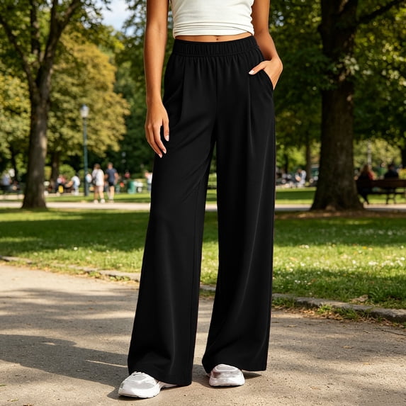 Binmer Women's Elastic High Waist Pleated Wide Leg Sweatpant,Casual Loose Trousers with Pockets Black,Women's Plus XXXL