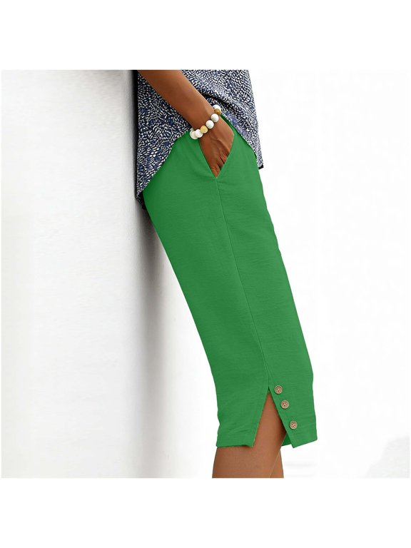 Women’s Elastic High Waist Split Hem Bermuda Shorts,Casual Loose Fit Knee Length Shorts with Pockets Army Green~,Women's Plus L